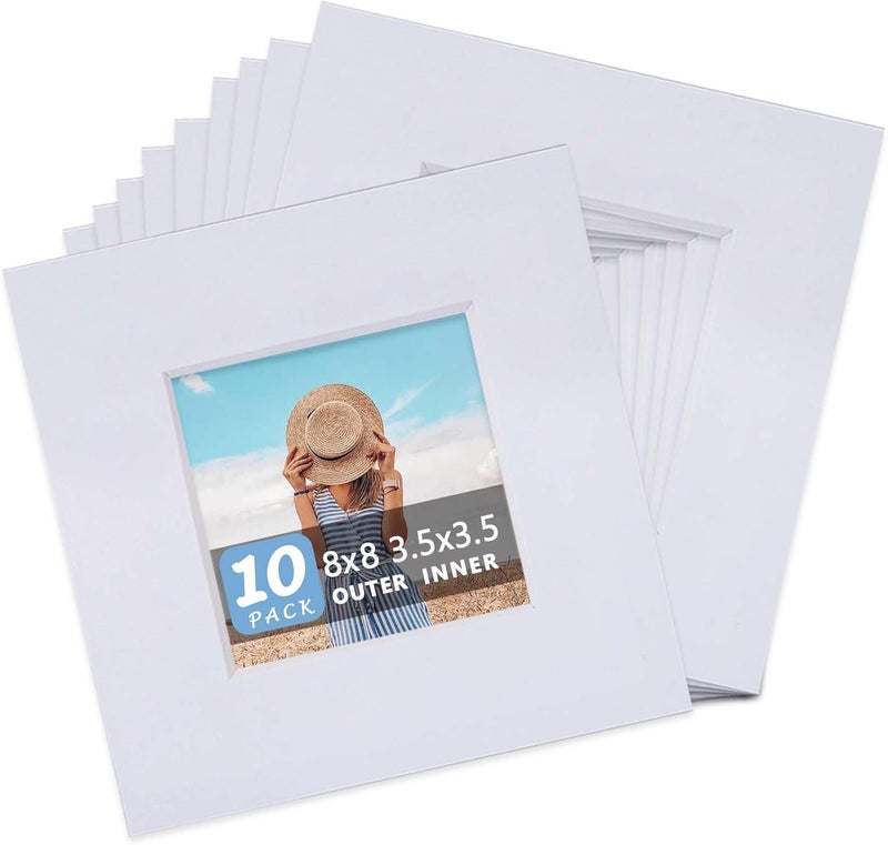 Somime 10 Pack Pre-Cut 8x8 White Picture Mats for 4x4 Photos - White Core Bevel Cut Frame Matte, Acid Free, Ideal for Frames/Artwork/Prints - Image 1